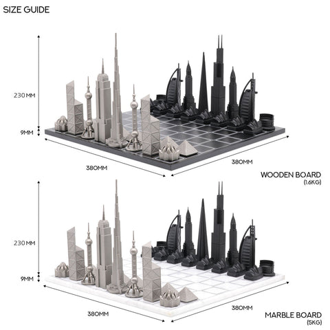 Schach-Skyline, Edelstahl, Weltsymbole-Edition (mit Marmorgitterbrett), 249S – Weiß