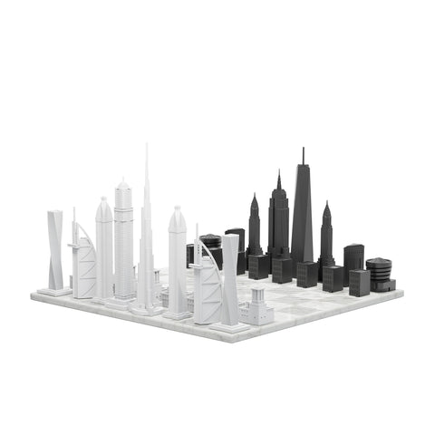 Schach-Skyline, Acryl, New York vs. Dubai (mit Marmor-Lukenbrett), Artikelnummer 977, Weiß