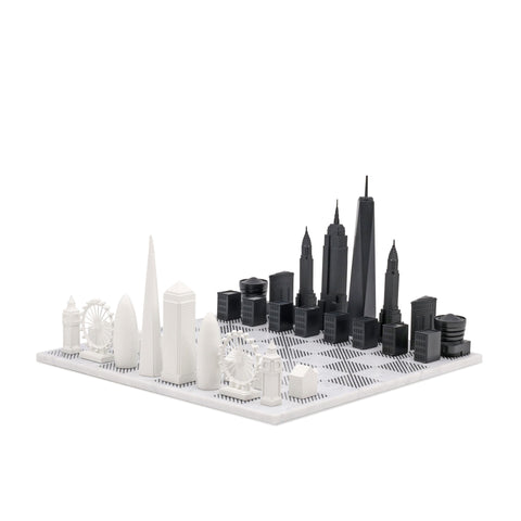 Schach-Skyline, Acryl, London gegen New York (mit Marmor-Schraffurbrett), SKU.057, Weiß