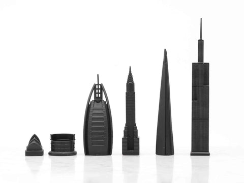 Schach-Skyline, Edelstahl, Weltsymbole-Edition (mit Marmorgitterbrett), 249S – Weiß