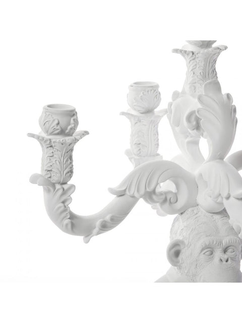 "CANDELABRO 5 BRACCIA BURLESQUE THE WISE CHIMPANZEE H. CM. 48 BIANCO SELETTI"