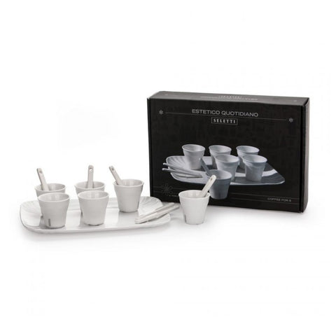 SELETTI SET MIT 6 KAFFEEGLÄSERN + 6 RÜHRSTÄBCHEN + TABLETT CM. 18,5X27 AUS PORZELLAN