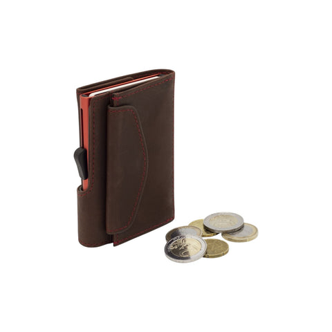 PORTAFOGLIO SINGLE COIN PRESTIGE LEATHER AUBURN-ORANGE C-SECURE