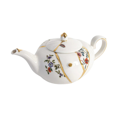 KINTSUGI TEEKANNE AUS PORZELLAN UND GOLD 26X15 H 10,9 09646 SELETTI WEISS