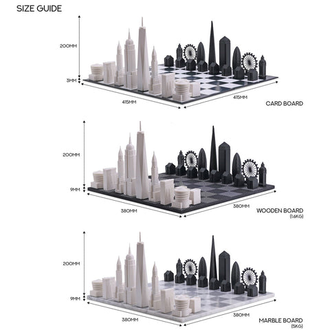 Schach-Skyline, Acryl, New York vs. Dubai (mit Marmor-Lukenbrett), Artikelnummer 977, Weiß