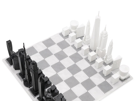 Schach-Skyline, Acryl, New York vs. Dubai (mit Marmor-Lukenbrett), Artikelnummer 977, Weiß