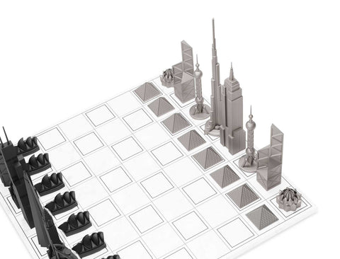 Schach-Skyline, Edelstahl, Weltsymbole-Edition (mit Marmorgitterbrett), 249S – Weiß