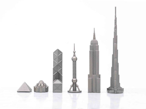 Schach-Skyline, Edelstahl, Weltsymbole-Edition (mit Marmorgitterbrett), 249S – Weiß