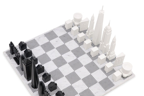 Schach-Skyline, Acryl, London gegen New York (mit Marmor-Schraffurbrett), SKU.057, Weiß
